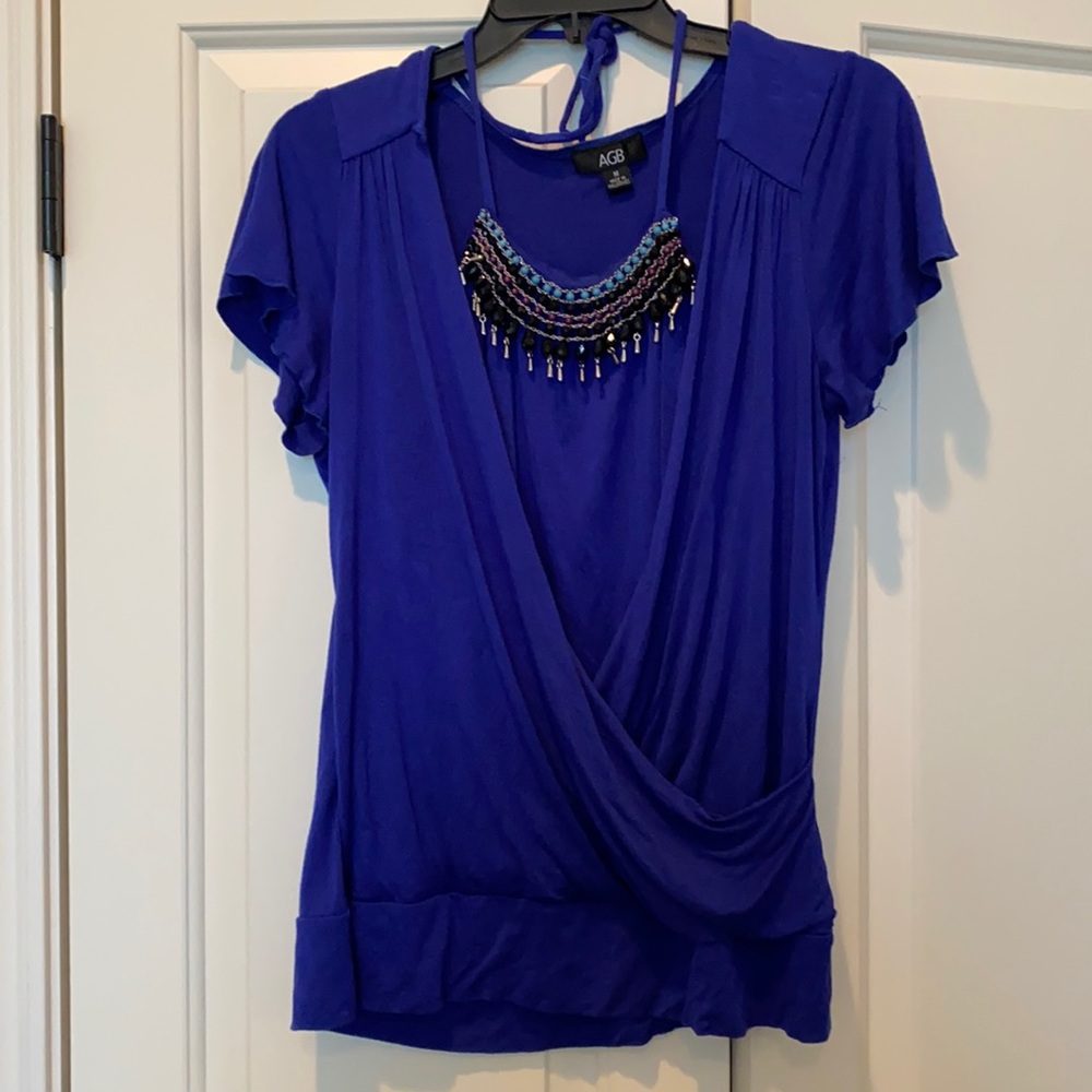 Blue top.